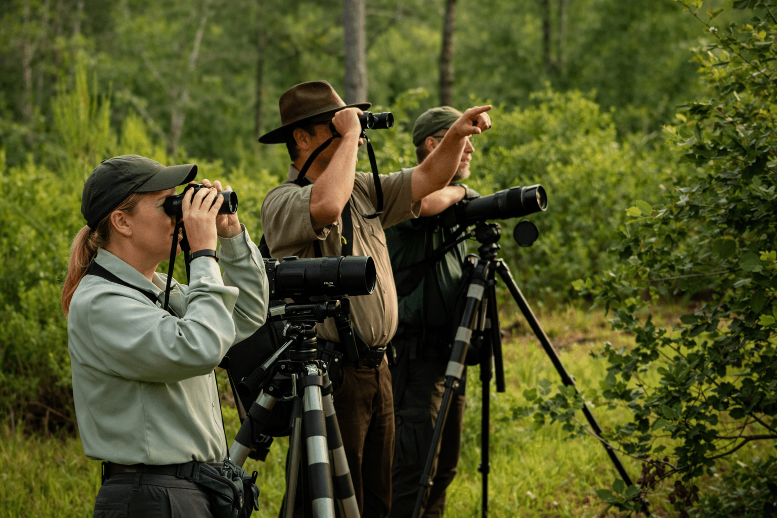 image of tourists viewing birds using binoculars and cameras