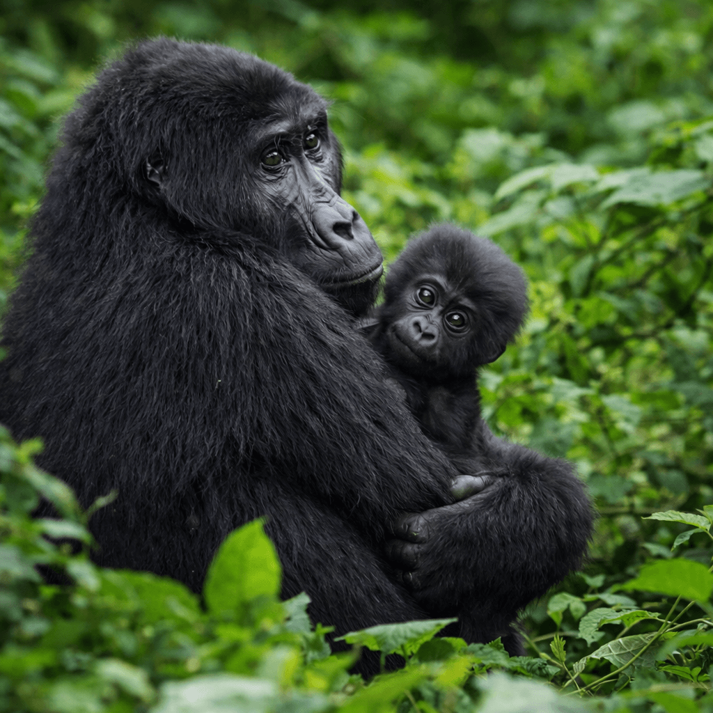 Image if a mother gorilla craddling an infant gorilla