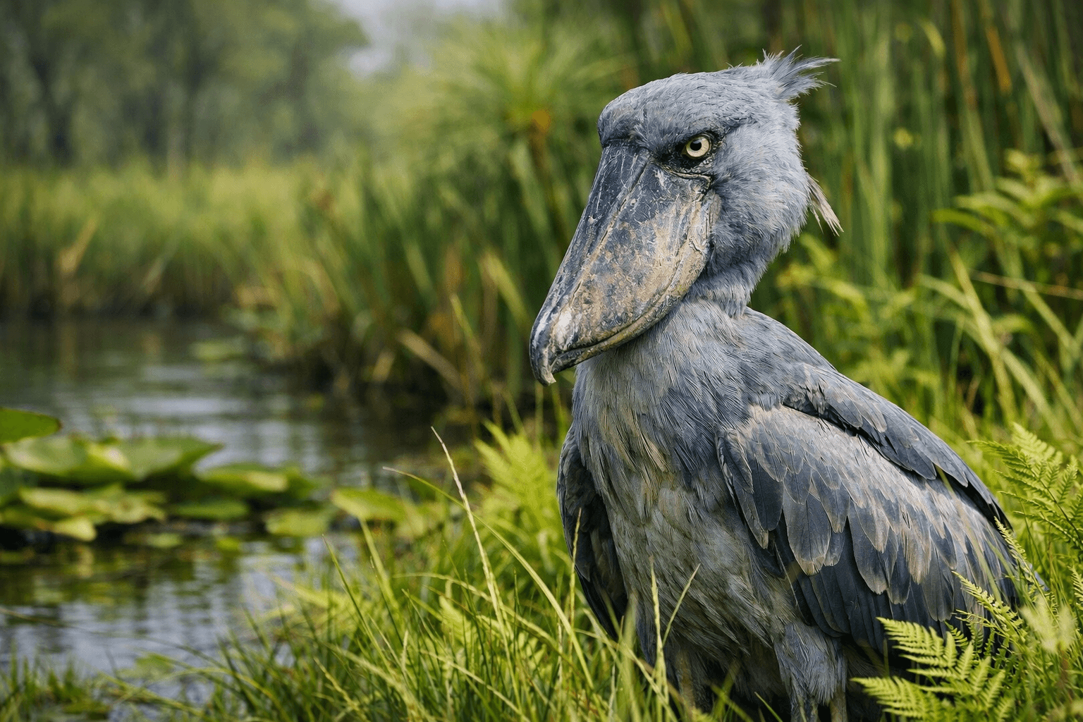 Image of a shoebill bird taken from Mabamba island on lake Victoria