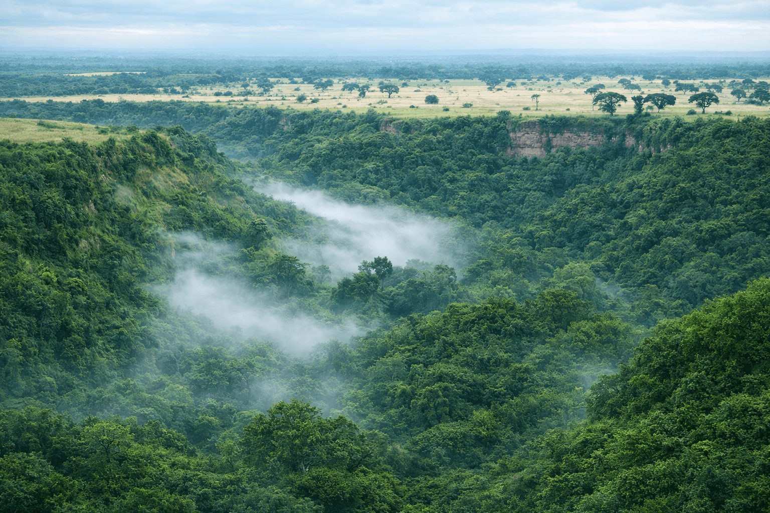 Image of a scenic view of part of the rift valley showing mild mist over vegetation in the valley and escarpments